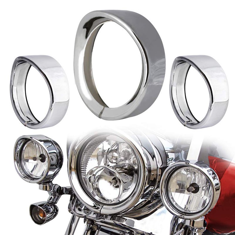 NTHREEAUTO Chrome Motorcycle Lights Frenched Ring Kit Compatible with Harley, 7" Headlight Trim Ring Decorate Visor + 4 1/2" Fog Light Trim Ring Decorate Visor(Chrome) - Image 1